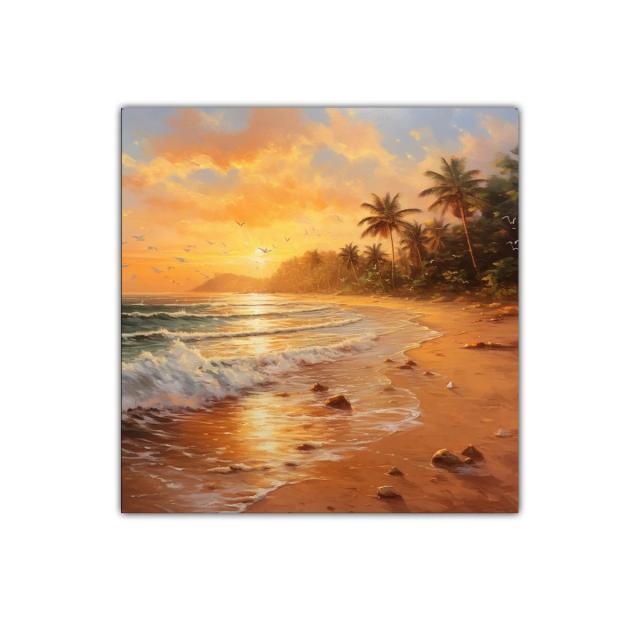 Sereno atardecer tropical con palmeras y olas suaves