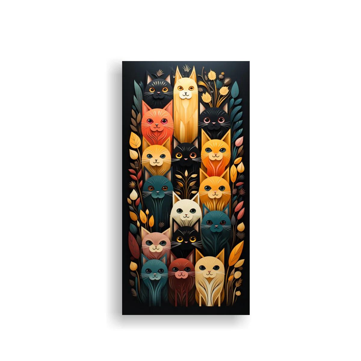 Cuadro grupo de gatos de colores en jardín simétrico