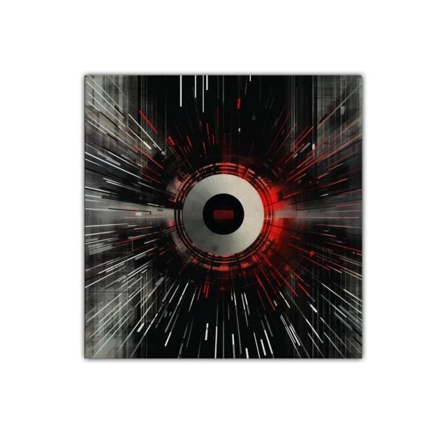 Cuadro geométrico con explosión de líneas rojas y negras