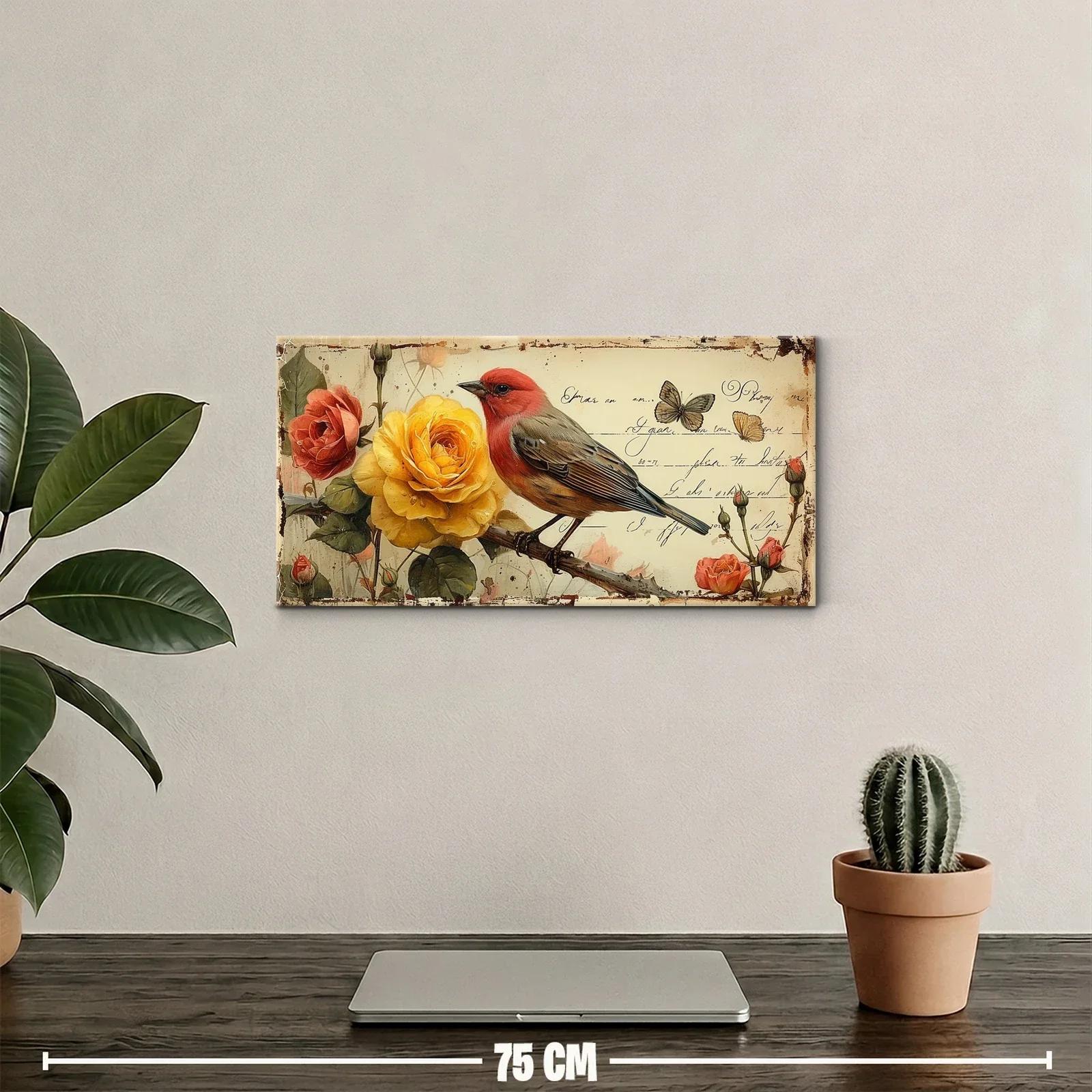 Cuadro pájaro rojo junto a rosa amarilla en collage vintage — miniatura 2