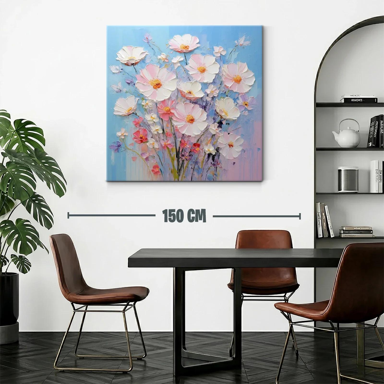 Cuadro ramo de flores delicadas en tonos pastel y fondo azul — miniatura 2