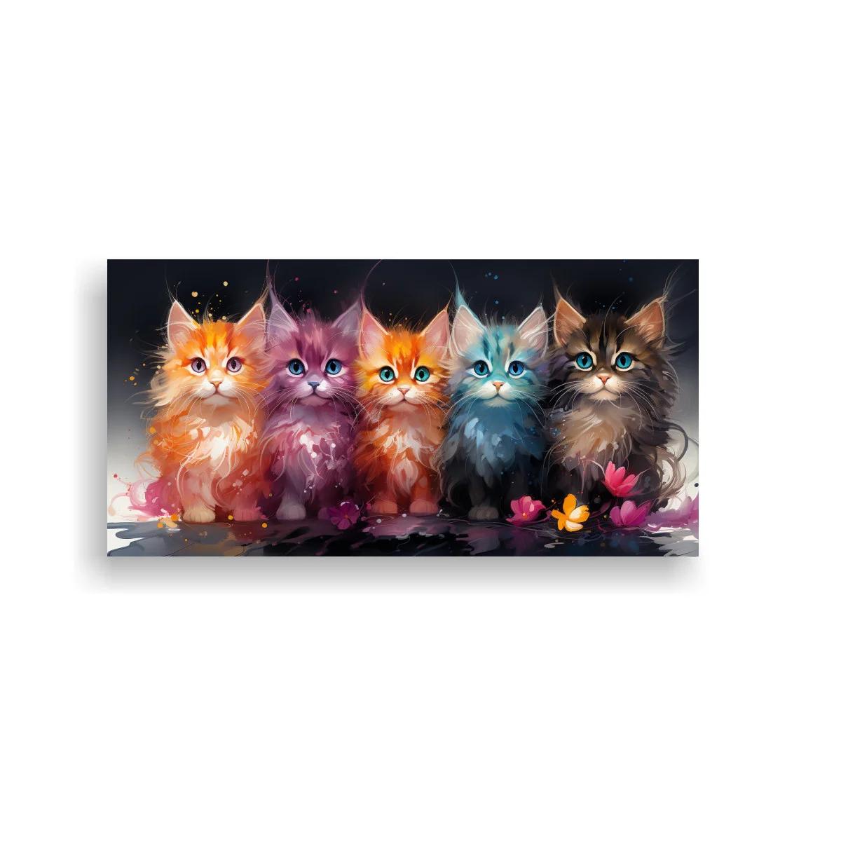 Cuadro cinco gatitos de colores con flores pequeñas