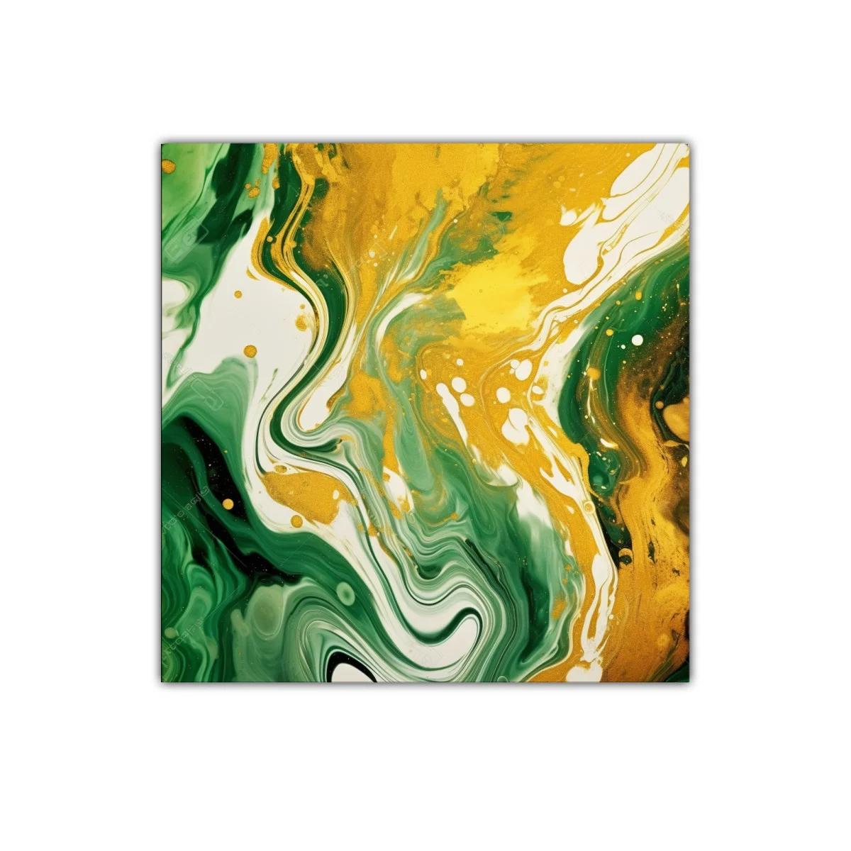 Cuadro abstracto en tonos verdes y dorados vibrantes