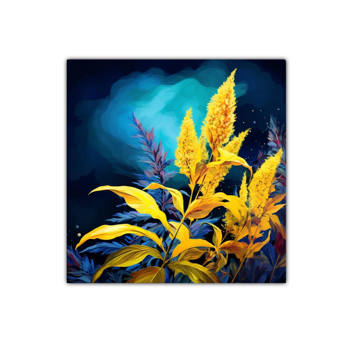 Cuadro con Flores Amarillas y Fondo Azul Intenso