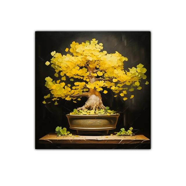 Cuadro de bonsái con hojas doradas en fondo oscuro
