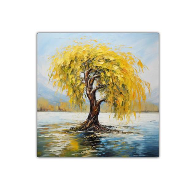 Árbol Dorado en Lago Calmado con Reflejos Vibrantes