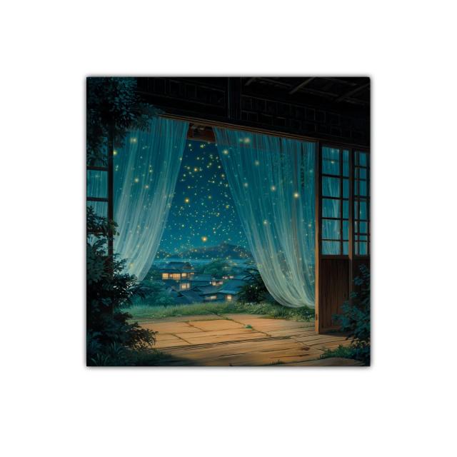 Paisaje nocturno con luces brillantes y cortinas transparentes