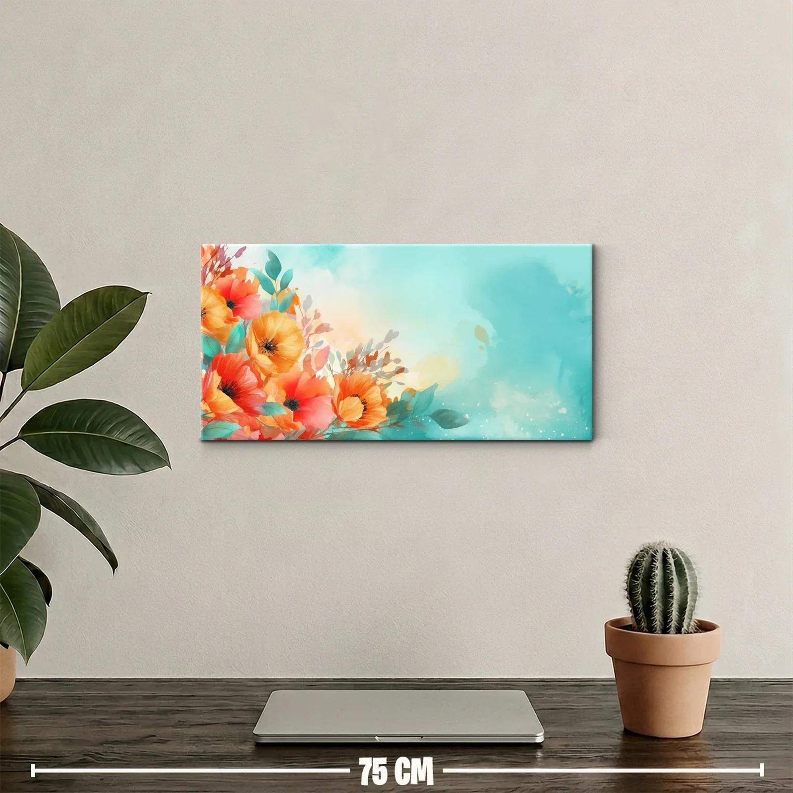 Cuadro ramo de flores anaranjadas con fondo aguado celeste — miniatura 2
