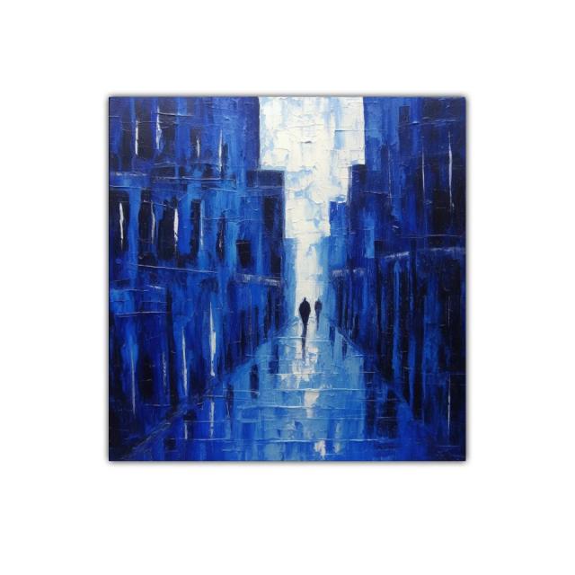 Perspectiva urbana con siluetas en tonos azules intensos