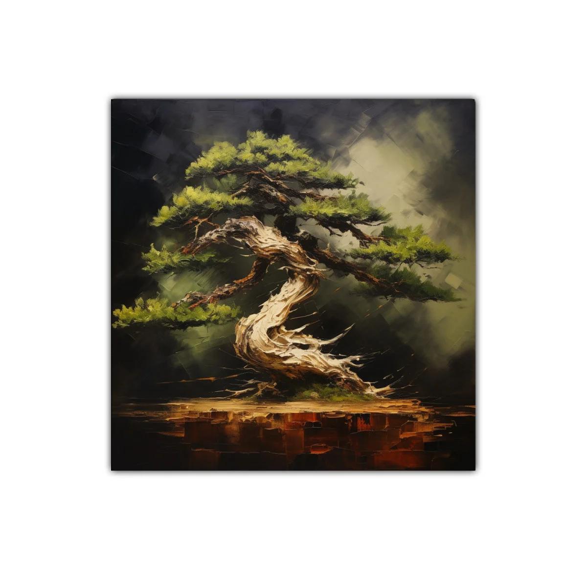 Elegante cuadro de árbol bonsái en tonos tierra y verdes