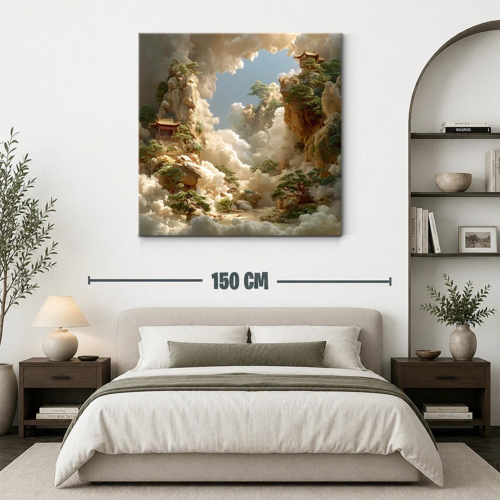 Paisaje onírico con templos en jardines elevados y nubes doradas — miniatura 3