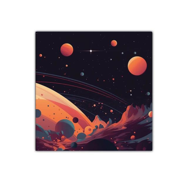 Cuadro cósmico con planetas anaranjados en espacio oscuro