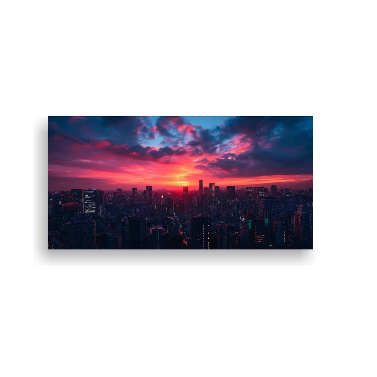 Cuadro skyline urbano al atardecer con resplandor coral y magenta — imagen principal