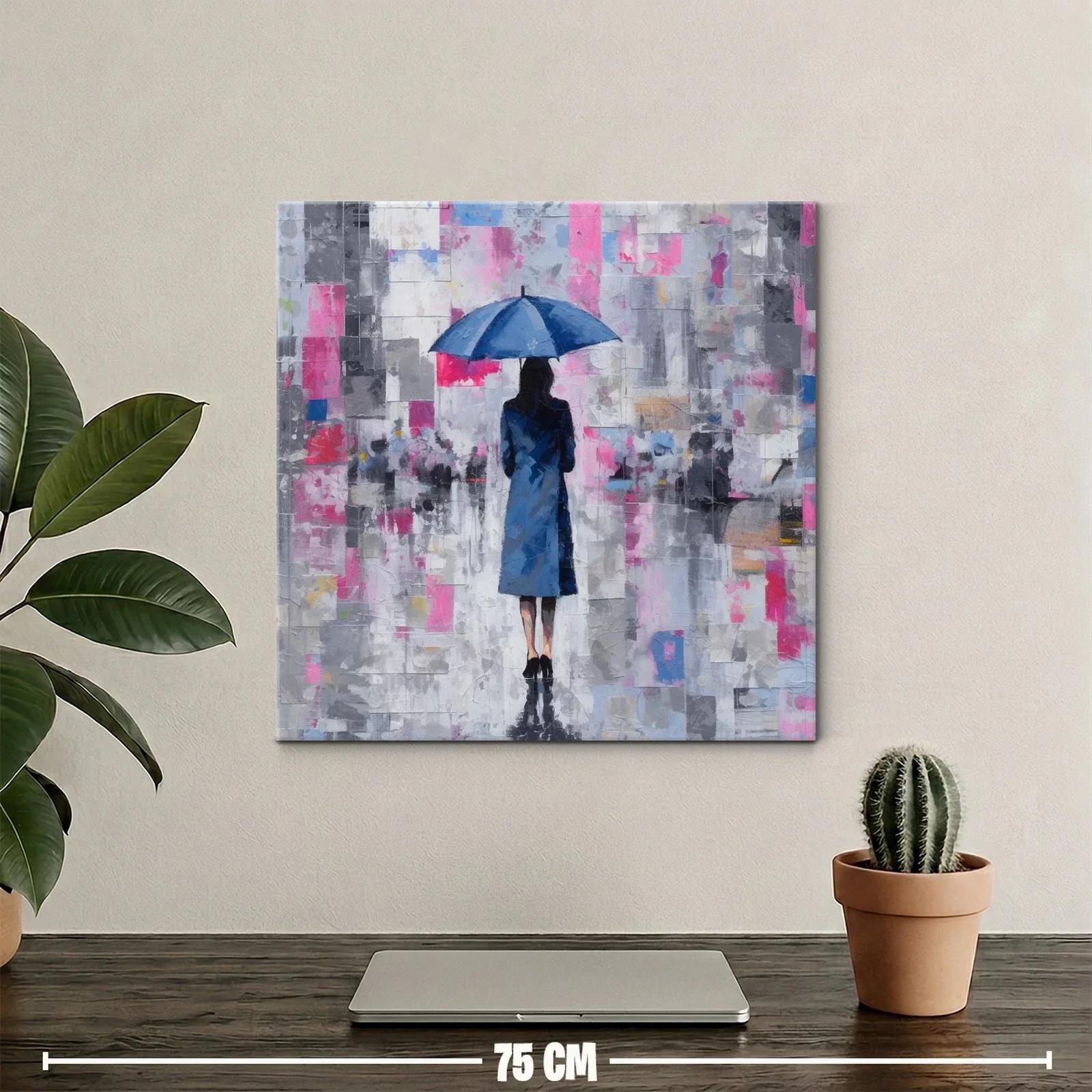 Mujer con paraguas azul en paisaje urbano abstracto — miniatura 2