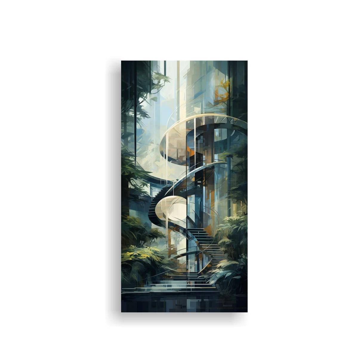Cuadro escalera de caracol en oasis interior futurista