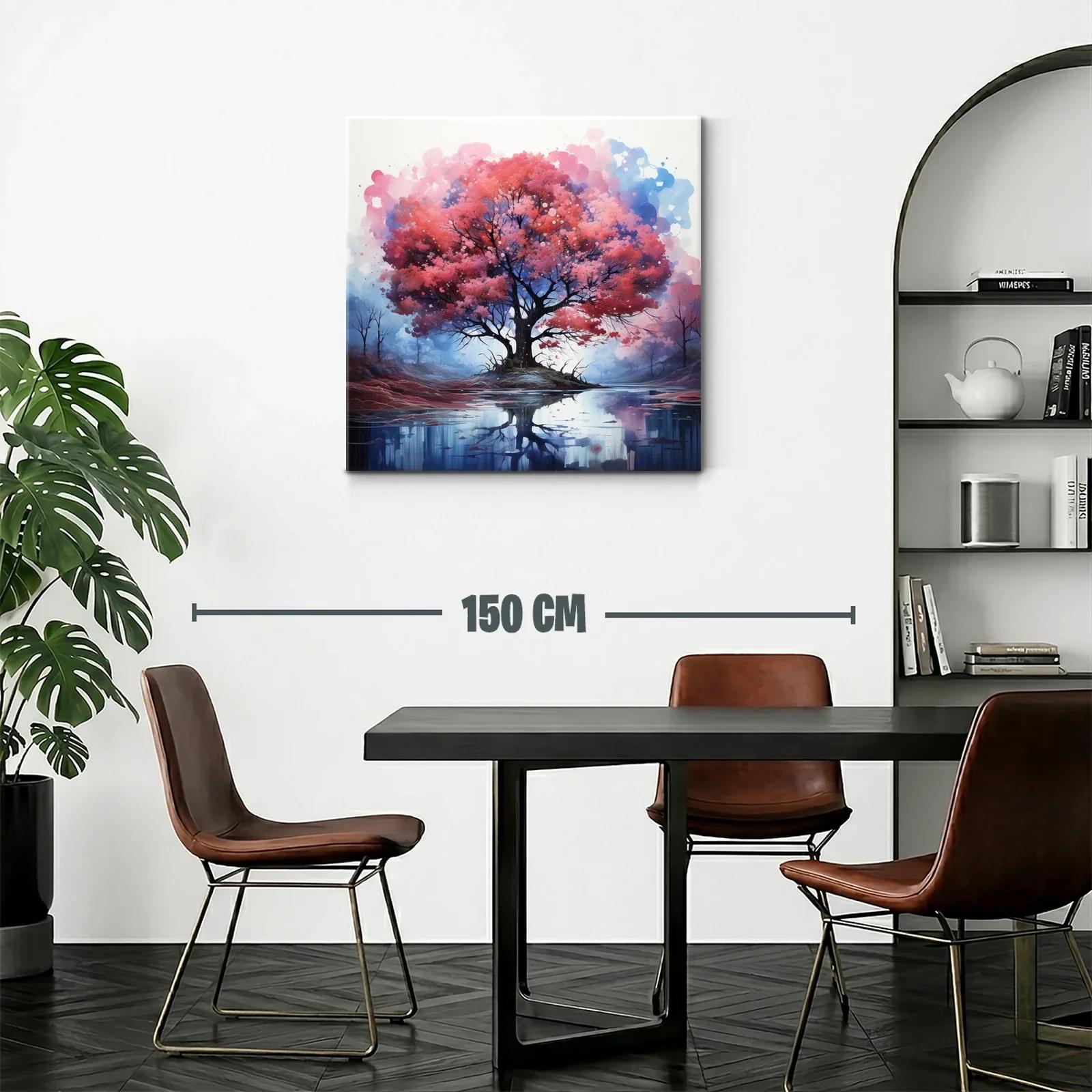 Árbol rojo reflejado en lago sereno con tonos azules — miniatura 2
