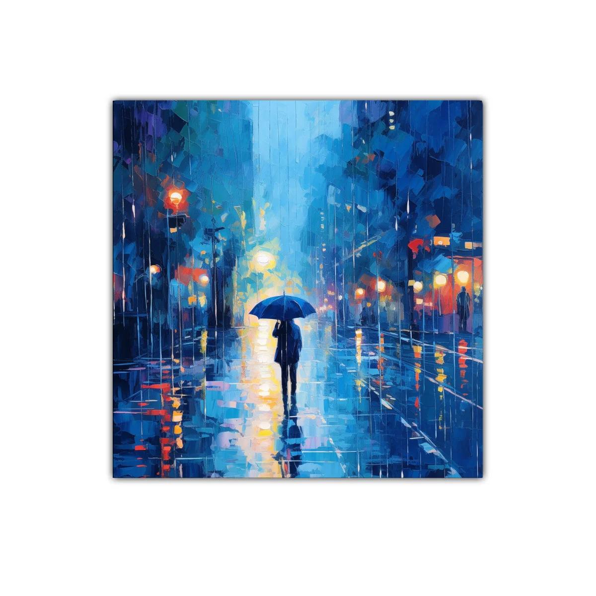 Camino bajo la lluvia con reflejos urbanos vibrantes