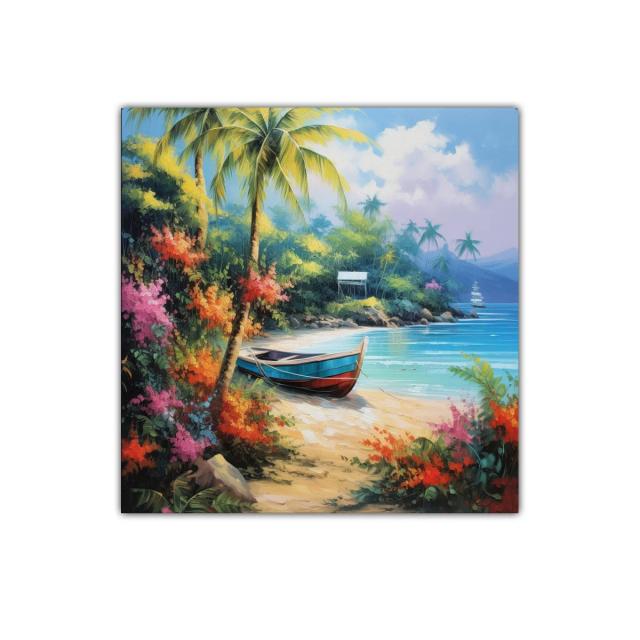 Paisaje tropical con barca en playa paradisíaca y flora vibrante