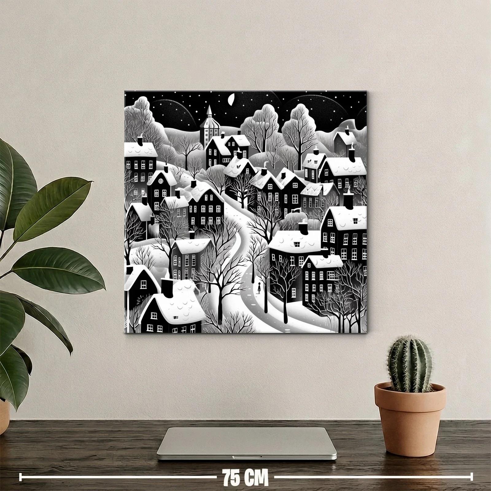 Invierno en el pueblo bajo la luna con nieve y árboles desnudos — miniatura 2