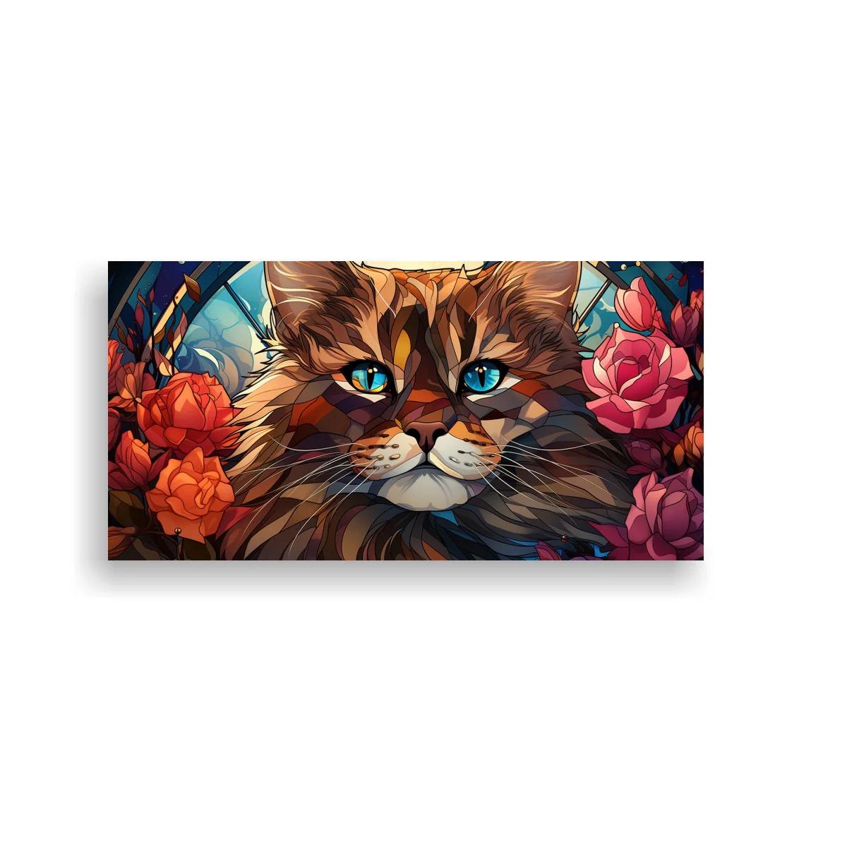 Cuadro gato atigrado de pelo largo con fondo de vidriera