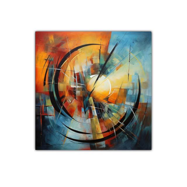 Cuadro abstracto con energía circular y colores vibrantes