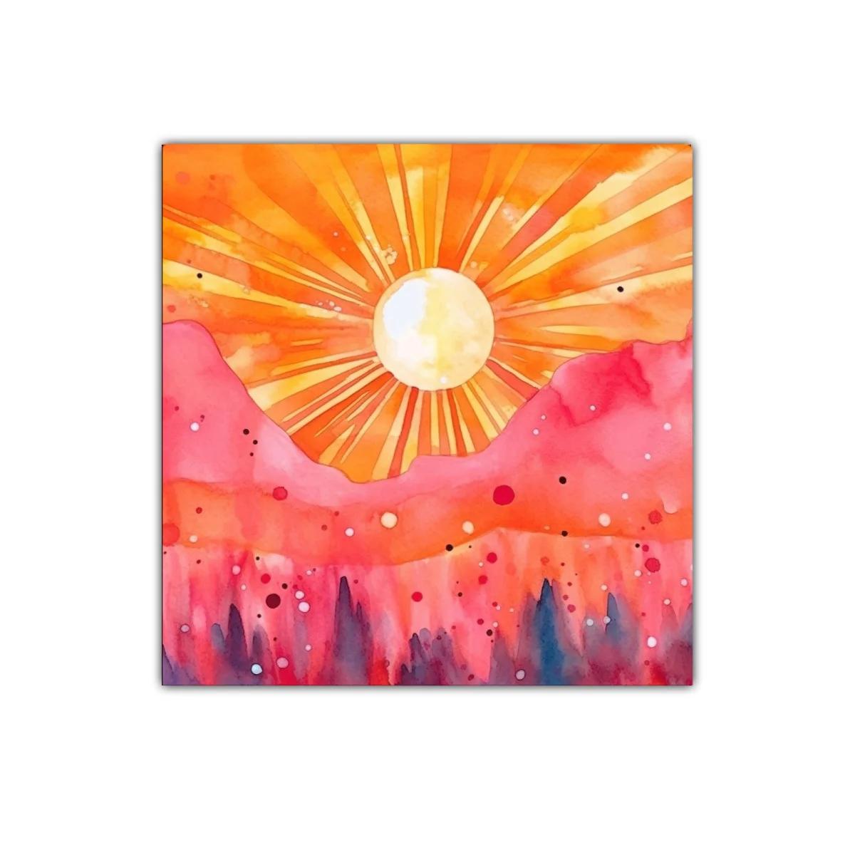 Atardecer vibrante con montañas rosa y sol radiante