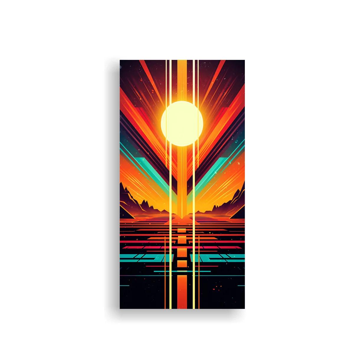 Cuadro sol brillante sobre paisaje montañoso con neón geométrico — imagen principal