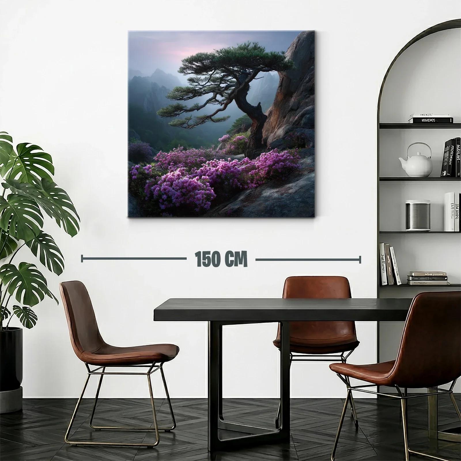Paisaje sereno con árbol y flores sobre rocas en montaña — miniatura 2