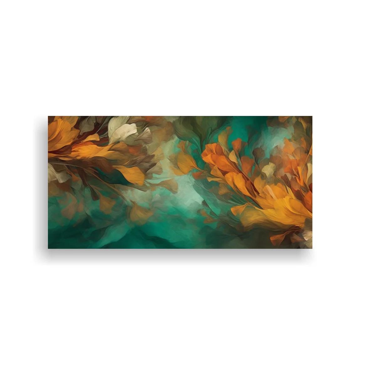 Cuadro flores abstractas en tonos ocres con centro turquesa