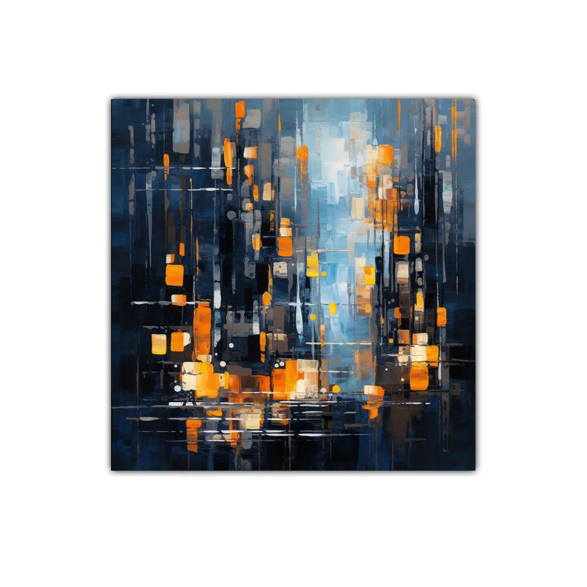 Cuadro abstracto urbano con luces cálidas y tonos fríos — imagen principal