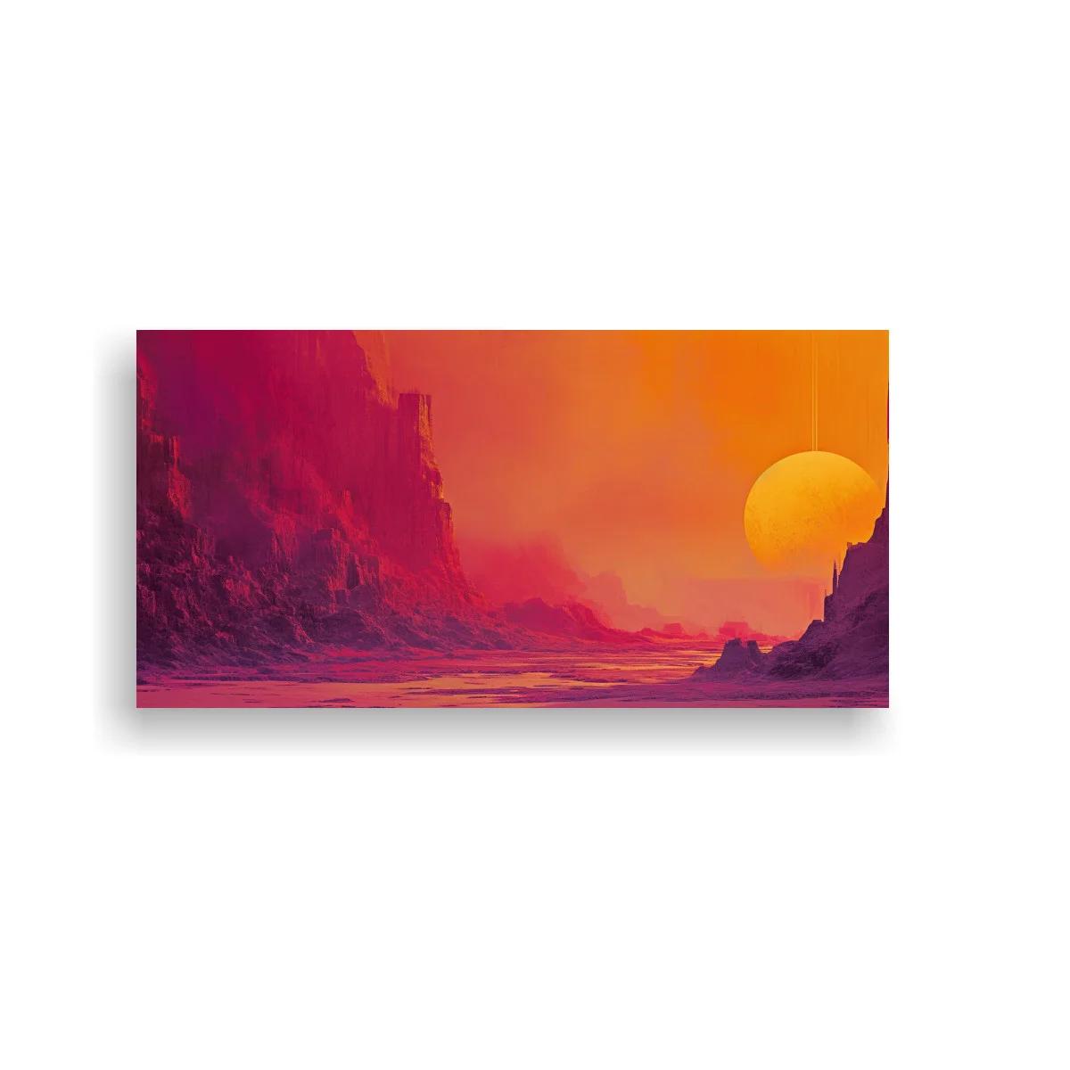 Cuadro sol sobre un cañón rocoso con bruma violeta — imagen principal