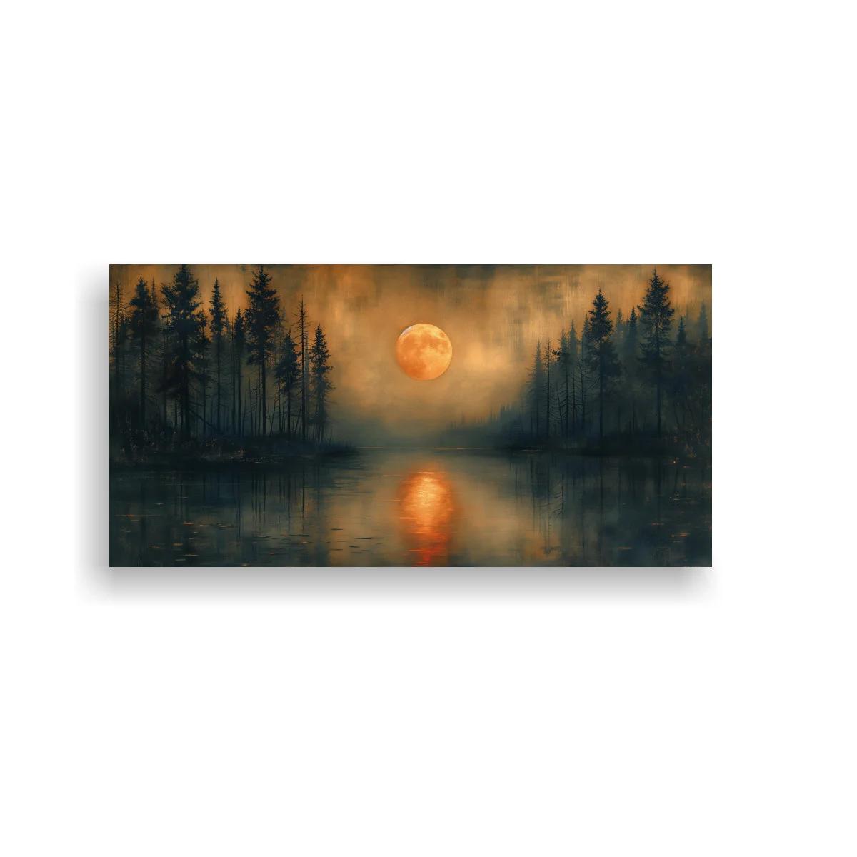 Cuadro luna llena sobre un lago entre pinos