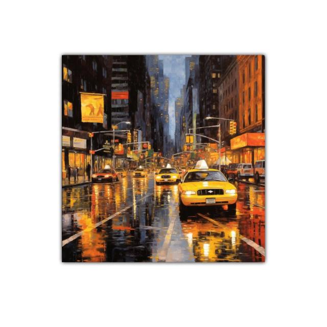 Atardecer Urbano con Taxis Amarillos en Ciudad Llovediza