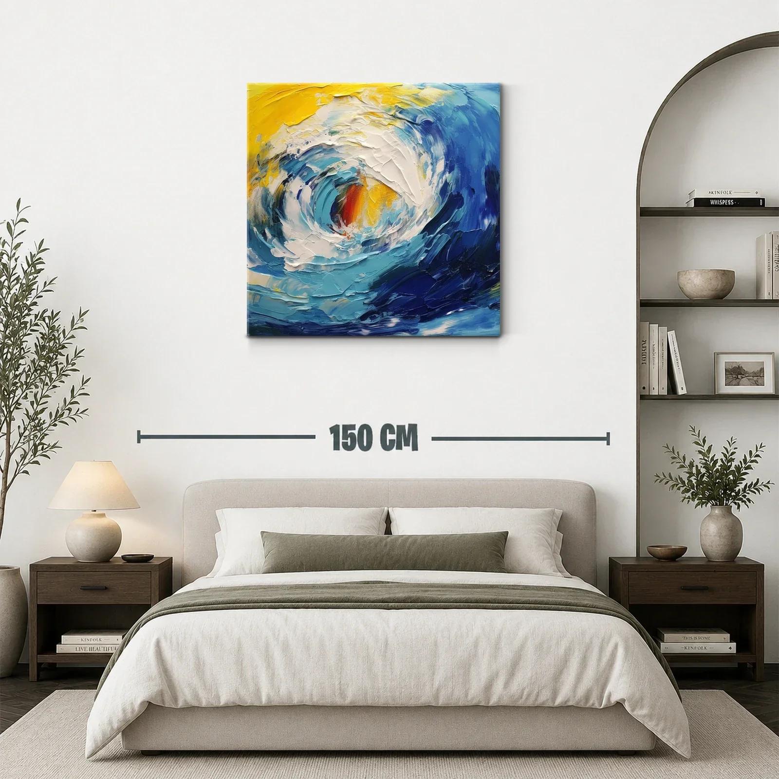 Cuadro abstracto de oleaje dinámico en tonos azul y amarillo — miniatura 3