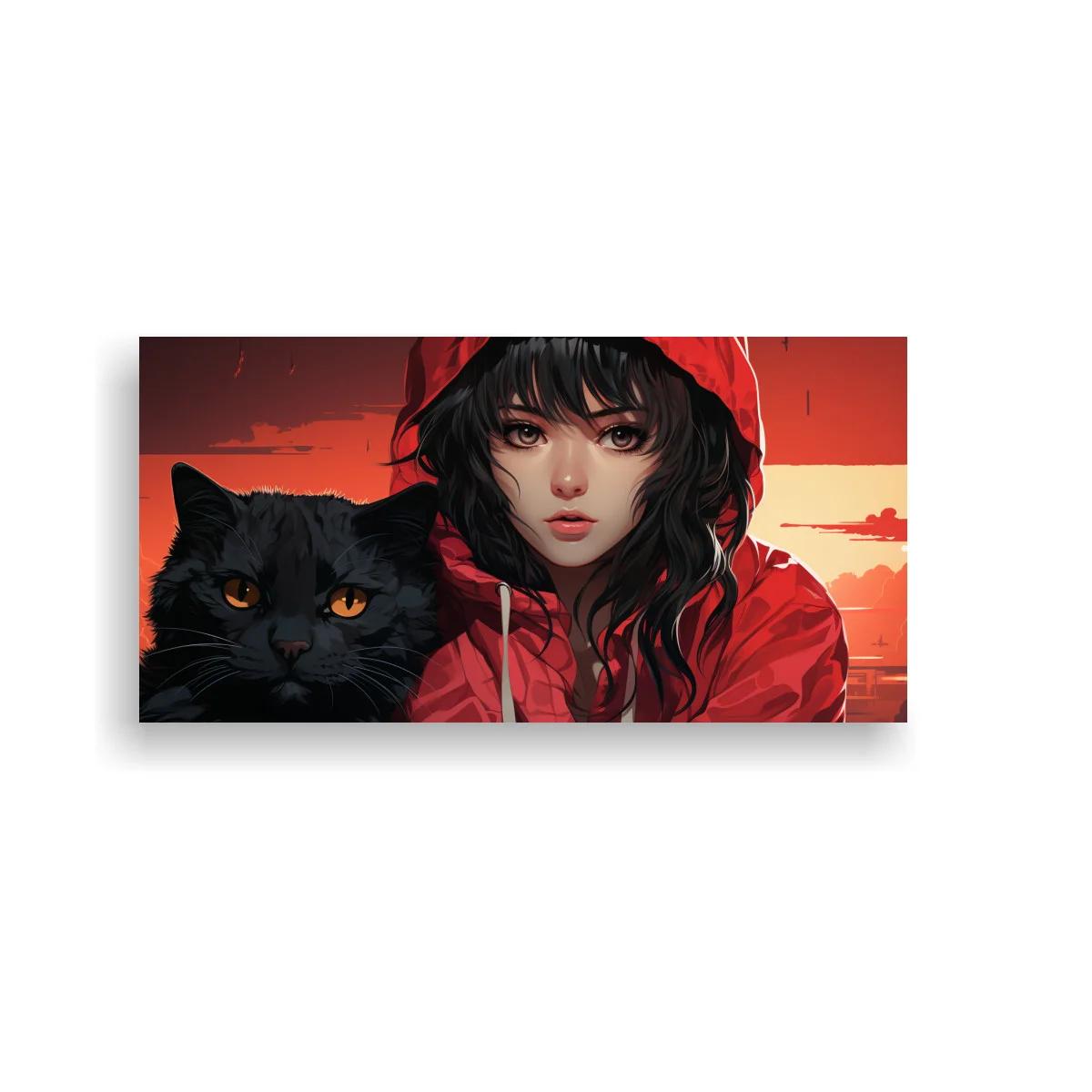 Cuadro chica con capucha roja y gato negro