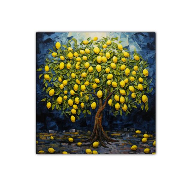 Árbol cargado de limones en tono vibrante azul noche