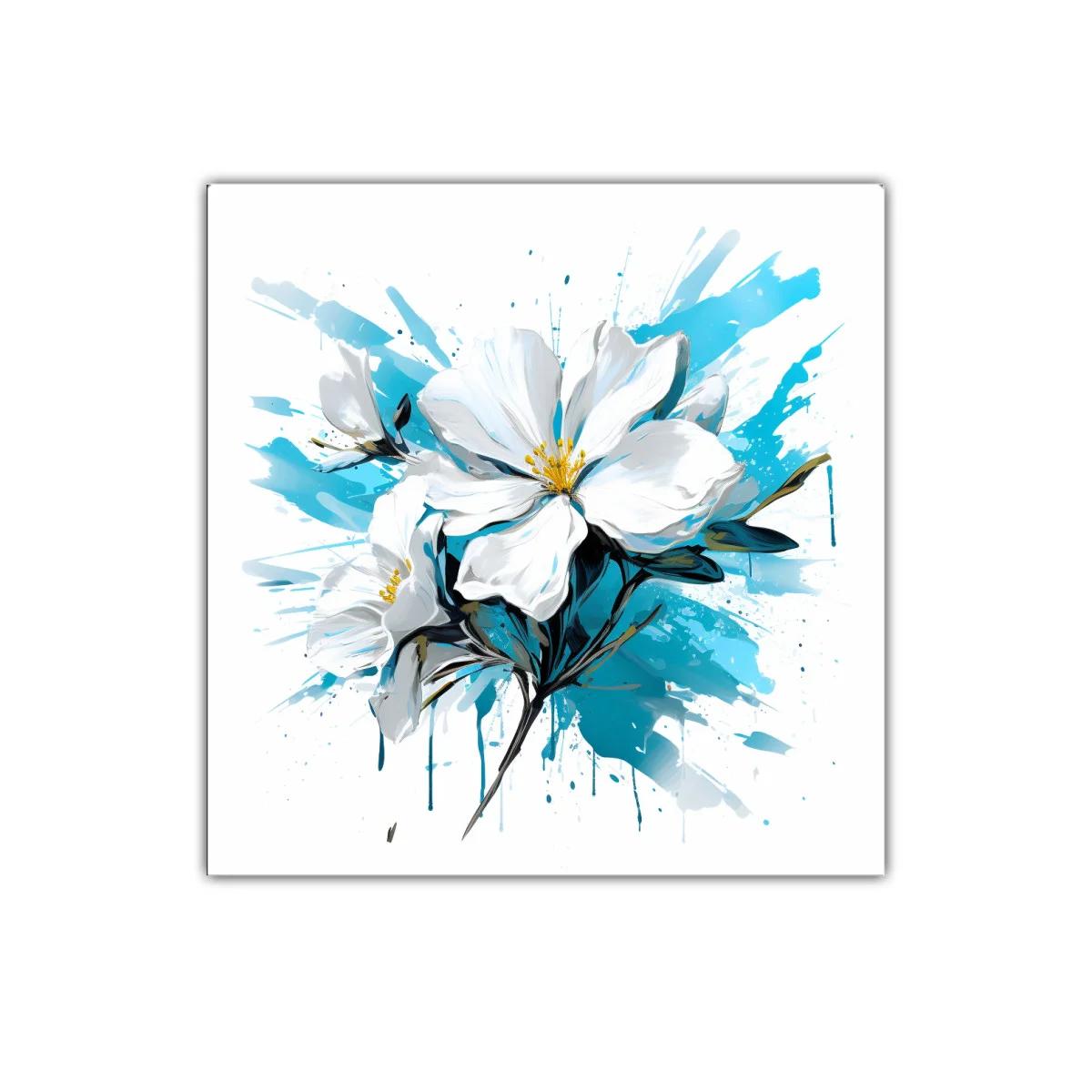 Cuadro con flores blancas y fondo azul vibrante