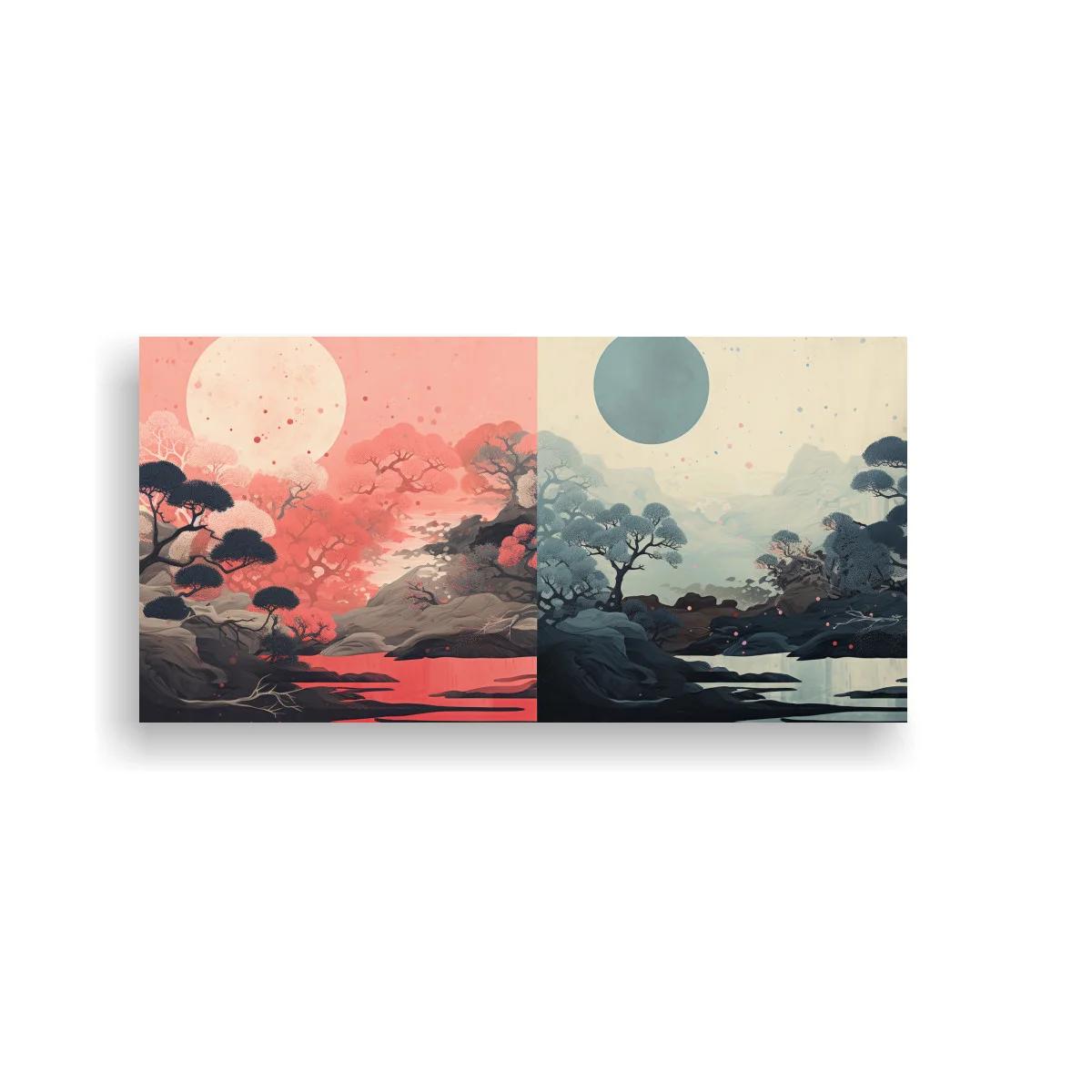 Cuadro paisaje con sol y luna en díptico día y noche