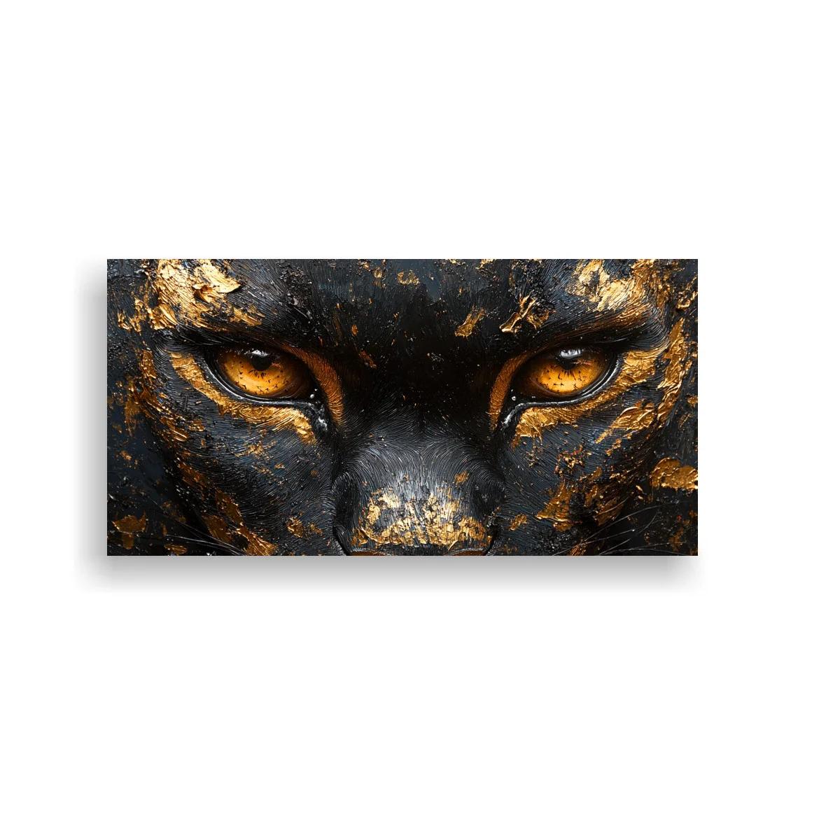 Cuadro rostro de lobo con ojos ámbar y pinceladas doradas