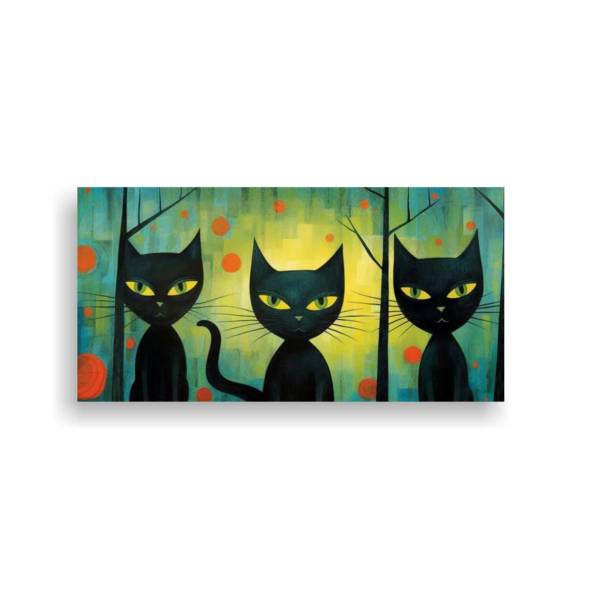 Cuadro tres gatos negros entre troncos y halo dorado