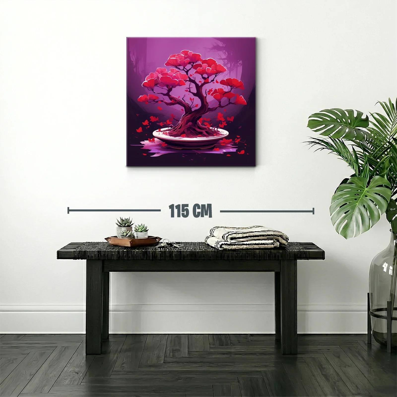 Árbol bonsái con flores rojas sobre fondo lila vibrante — miniatura 2