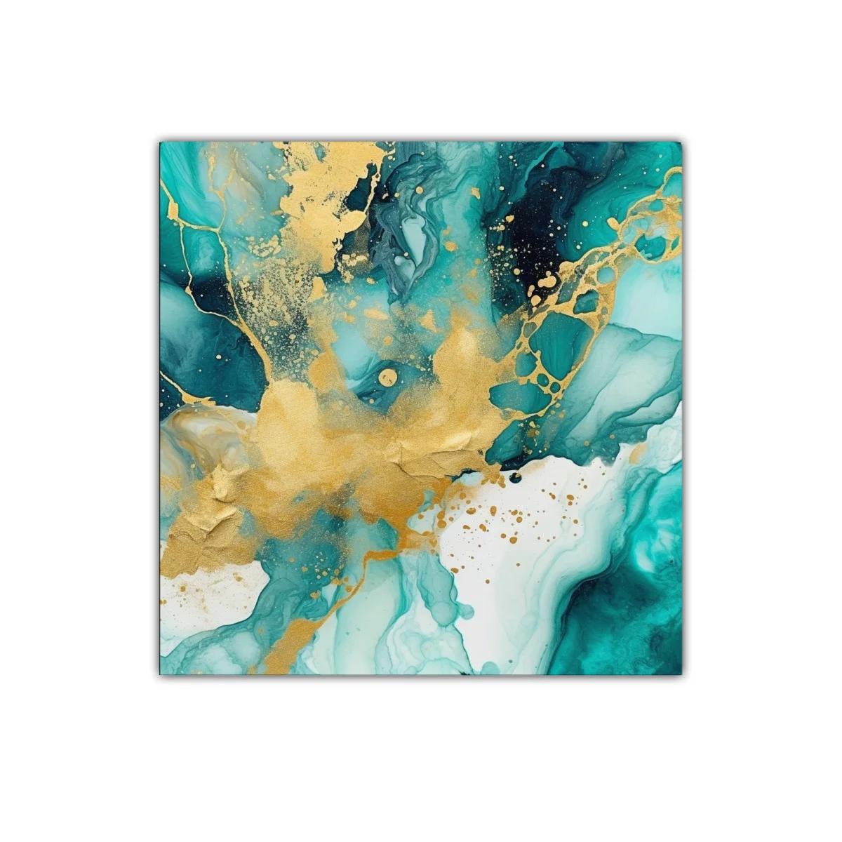 Cuadro abstracto con tonos turquesa y dorados vibrantes — miniatura 1