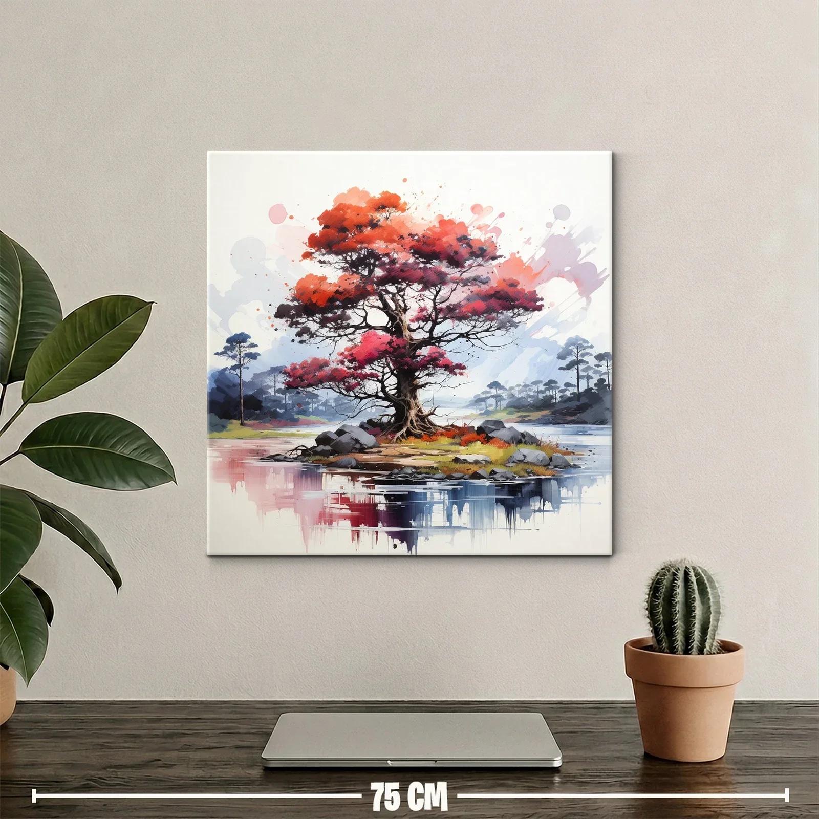 Árbol rojo vibrante en isla serena con reflejos de agua — miniatura 2