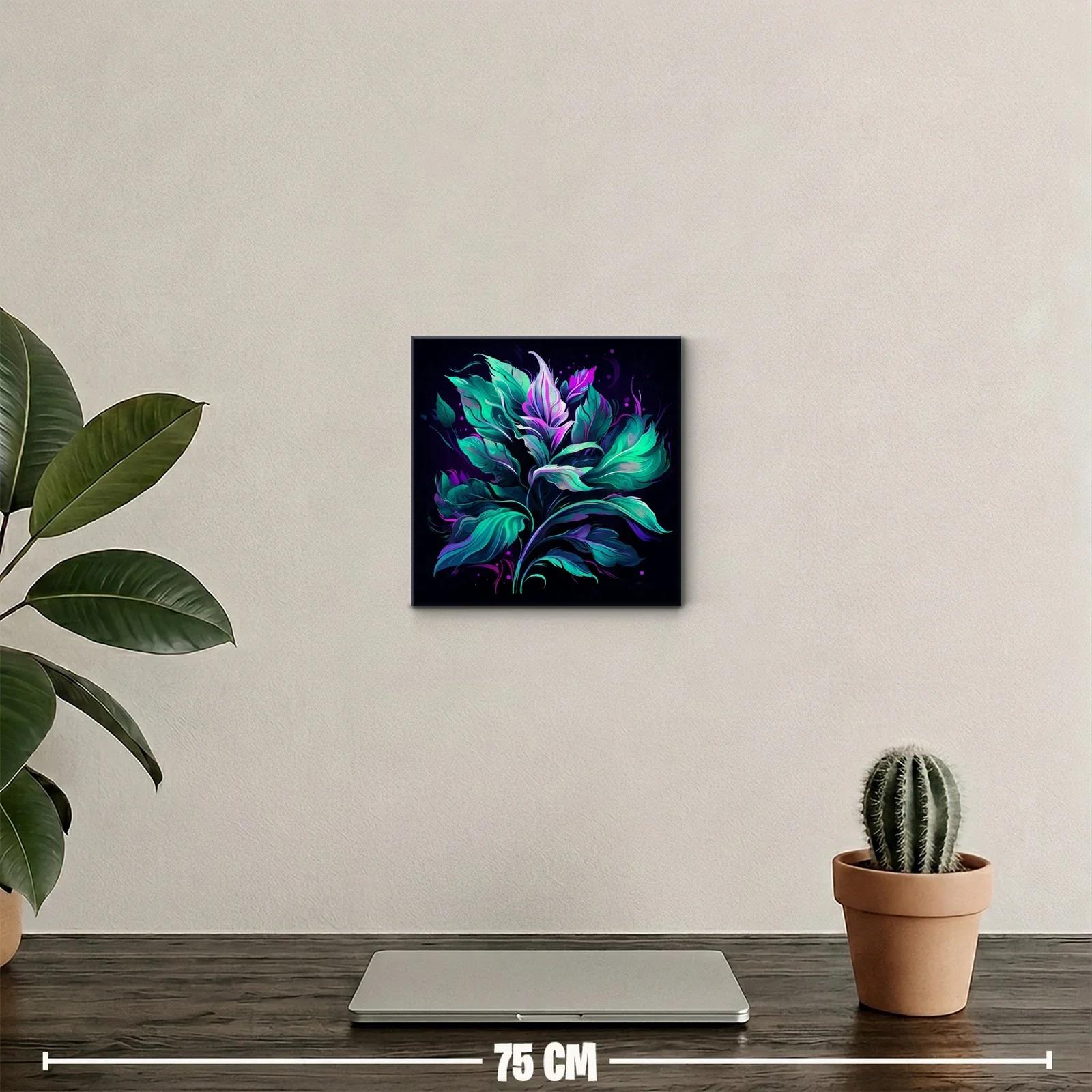 Cuadro decorativo de hojas vibrantes en tonos verdes y violetas — miniatura 2