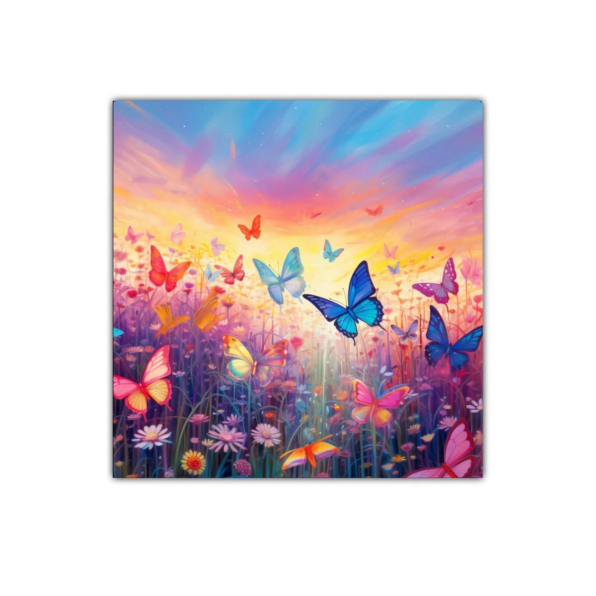 Mariposas en vuelo sobre campo de flores al amanecer — imagen principal