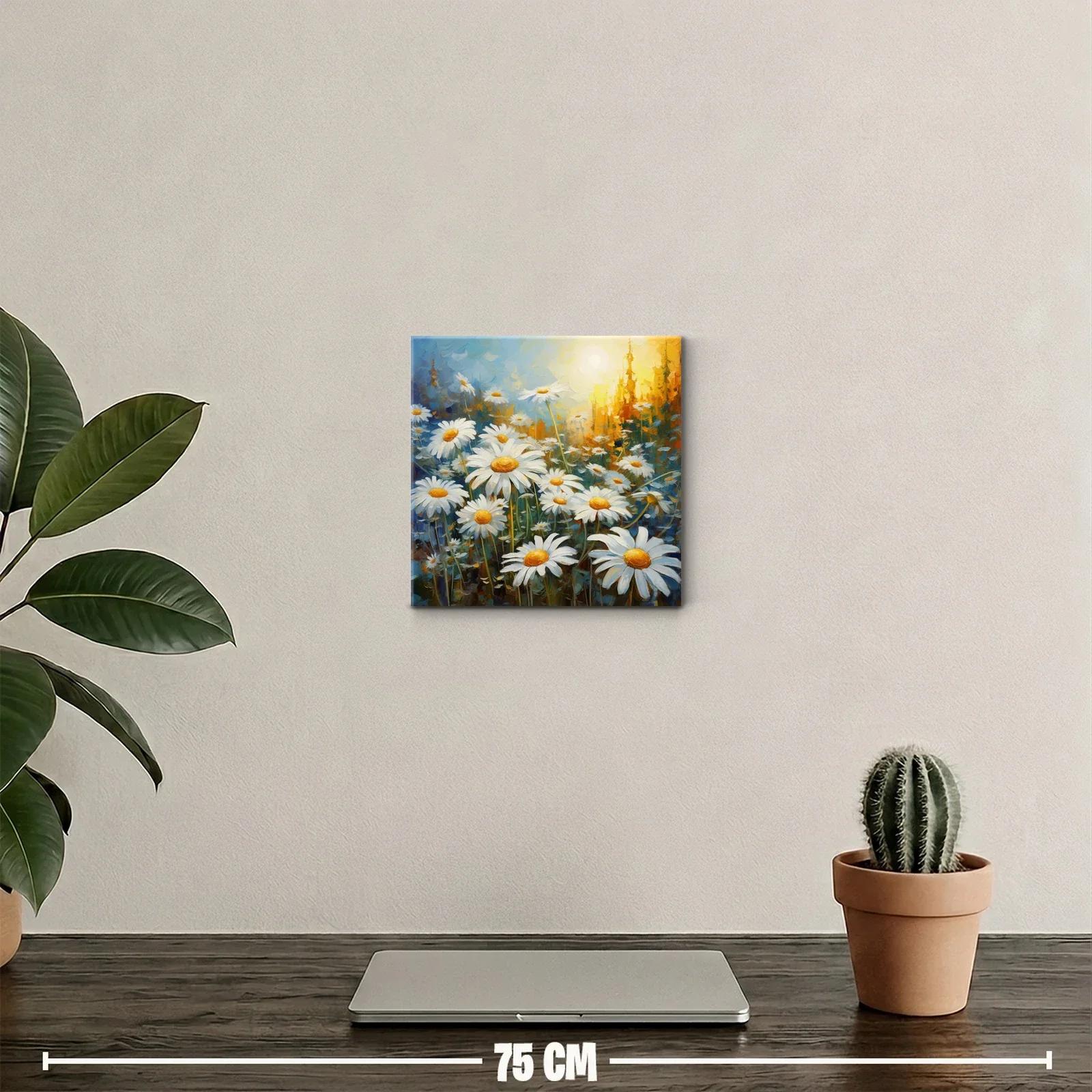 Campo luminoso de margaritas con amanecer dorado — miniatura 2