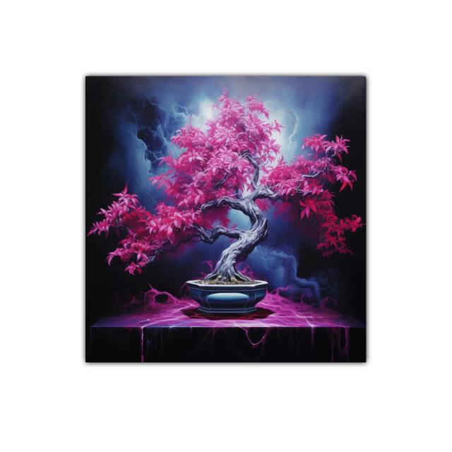 Árbol Bonsái con Hojas Fucsias en Fondo Oscuro