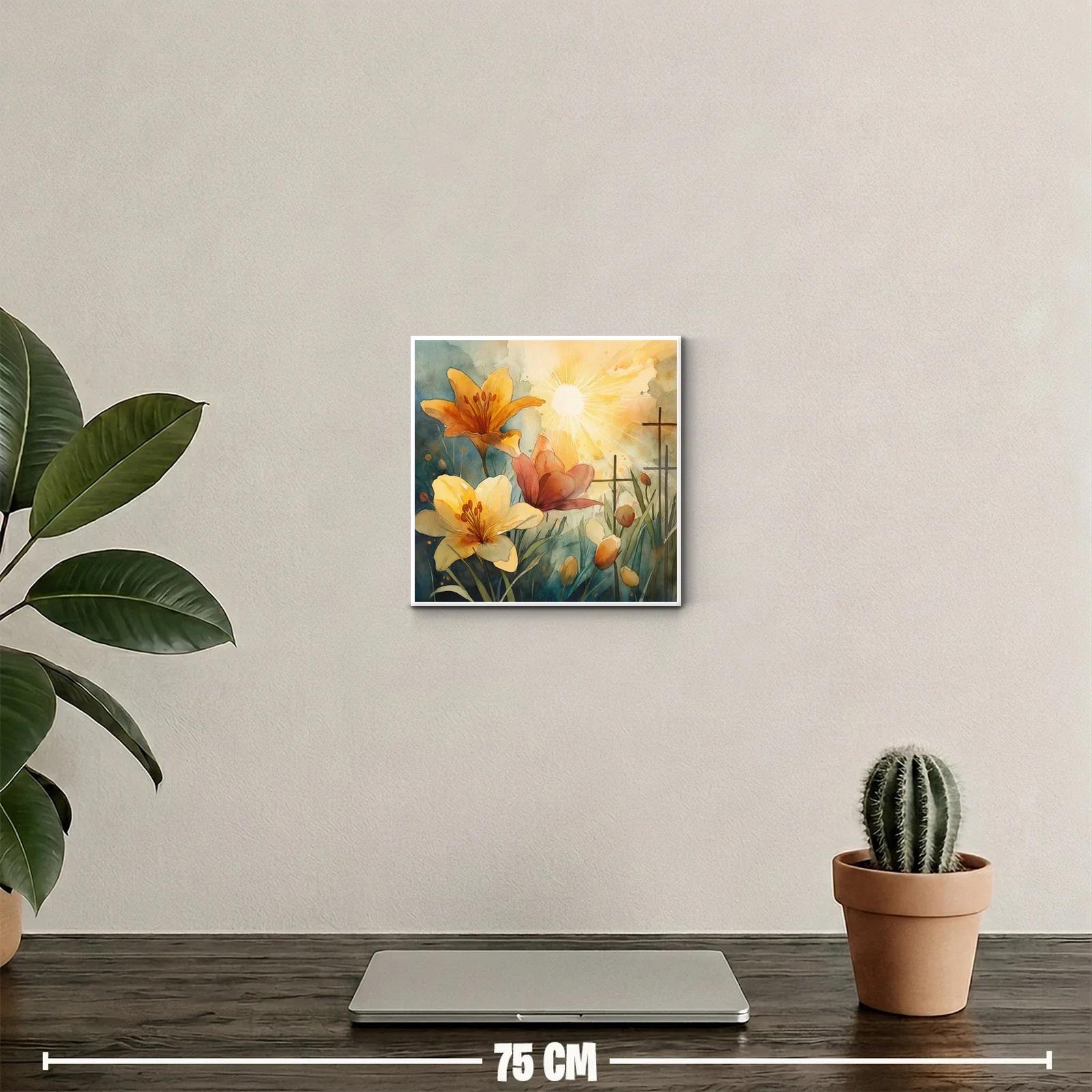 Cuadro decorativo con lirios en tonos cálidos y sol radiante — miniatura 2