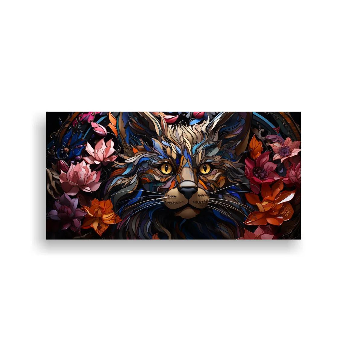 Cuadro león con melena azul y flores en marco circular — imagen principal