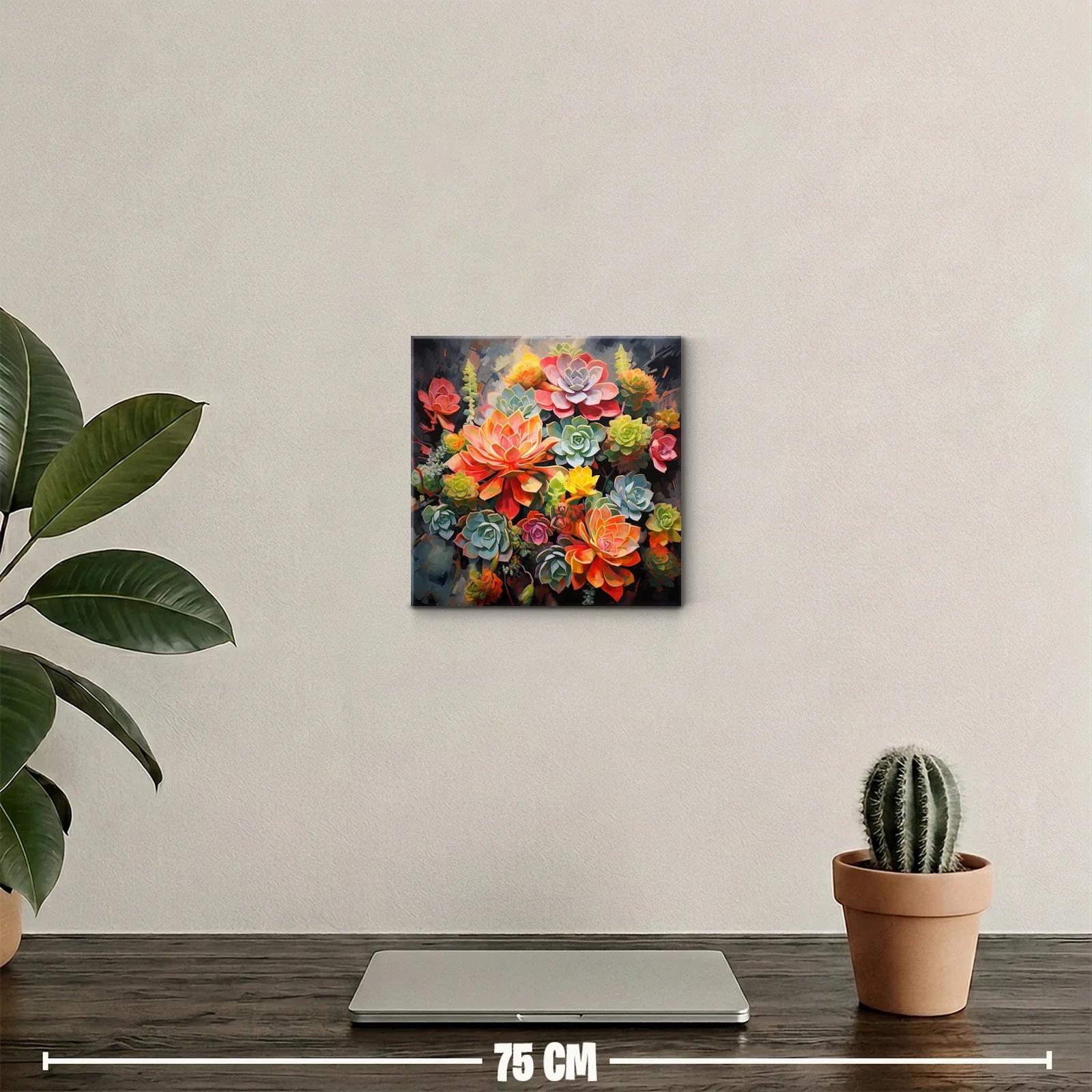 Cuadro floral vibrante con suculentas en tonos cálidos y verdes — miniatura 2